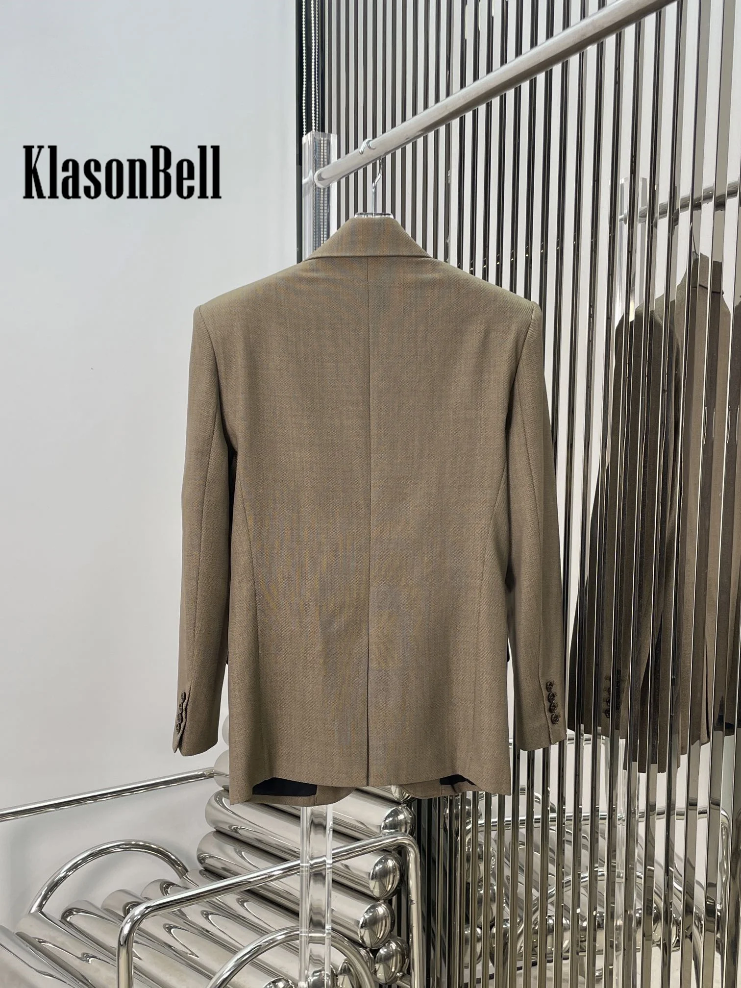 9.2 KlasonBell Women\'s Temperament Wool Blend Office Lady Blazer Shoulder Pads Single Button Midi Jacket