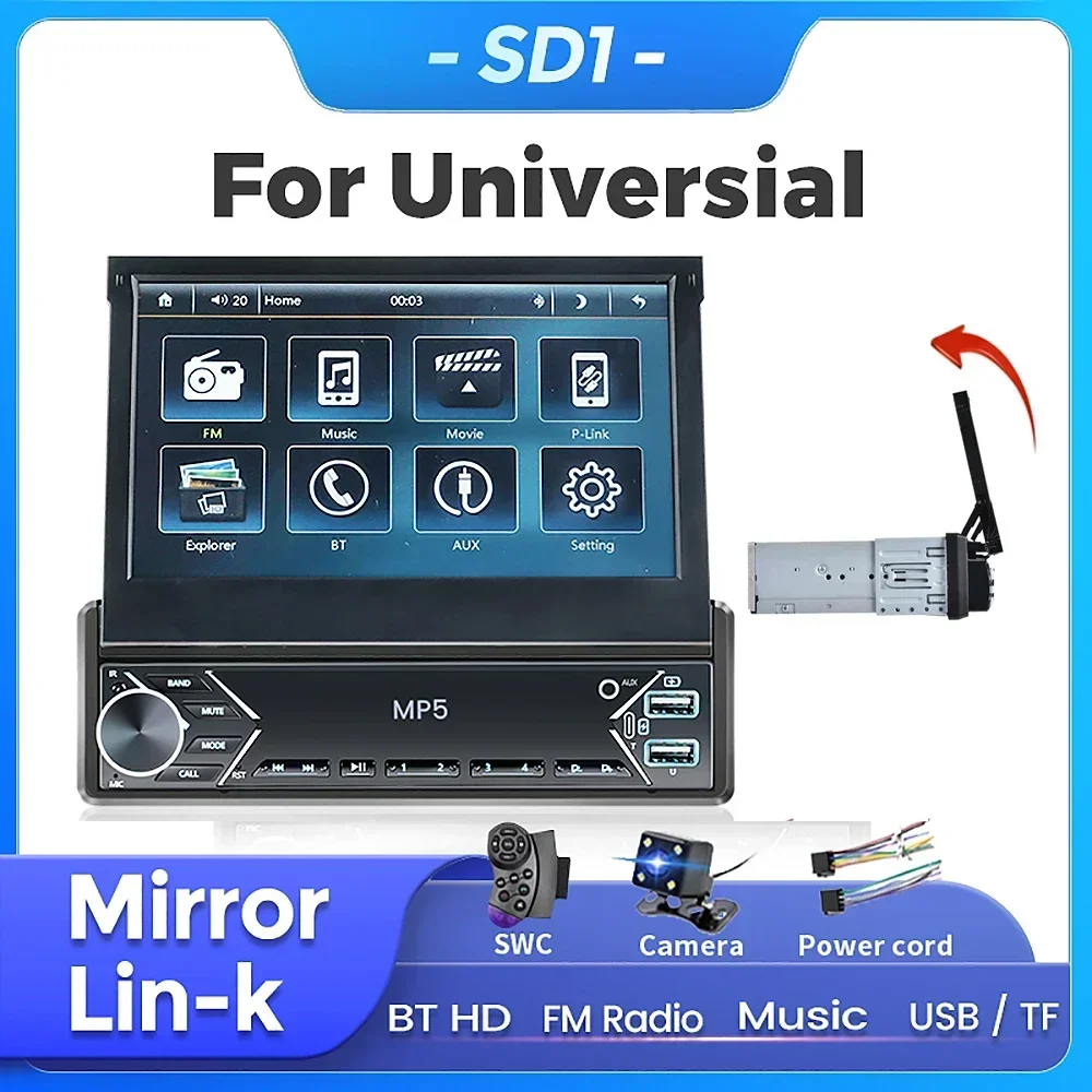 1Din MP5 Player 7inch Car Radio FM HD Foldable Multimedia Universal Audio Mirror Link AUX USB Video No DVD Retract Backup Camera