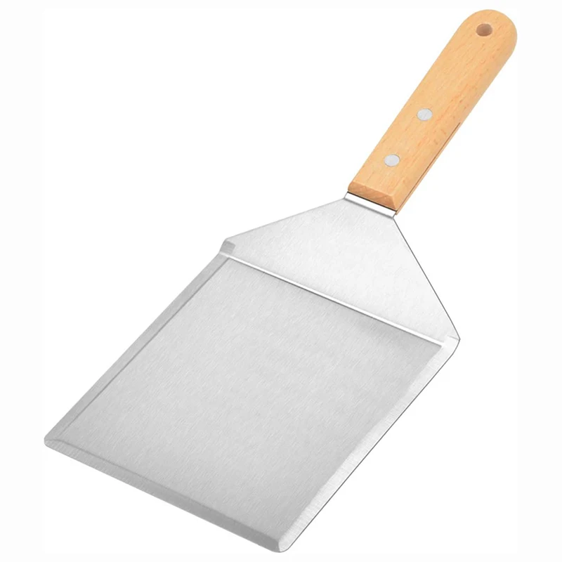 Espátula de acero inoxidable con mango de madera, espátula extra ancha para sartenes, planchas y parrillas, espátula para hamburguesas con aleta para panqueques