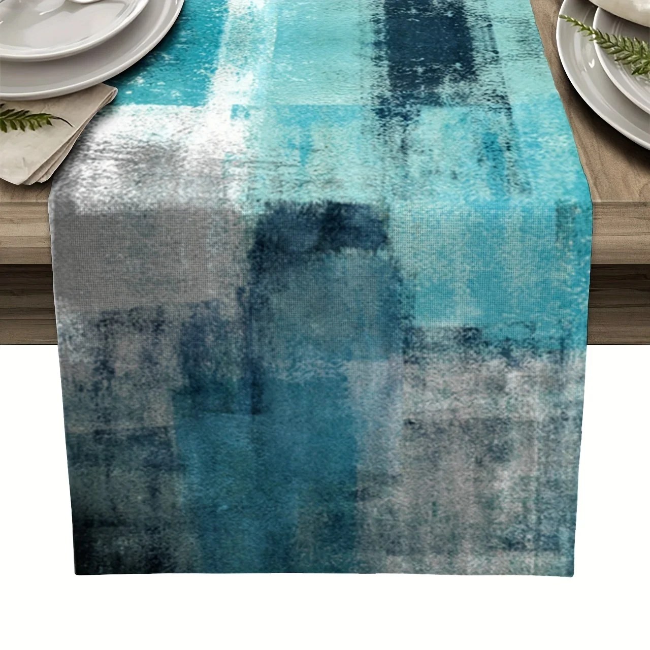 Elegant Turquoise & Grey Abstract Art Table Runner Washable Polyester Rectangular Table Decor for Home Restaurant Wedding Party