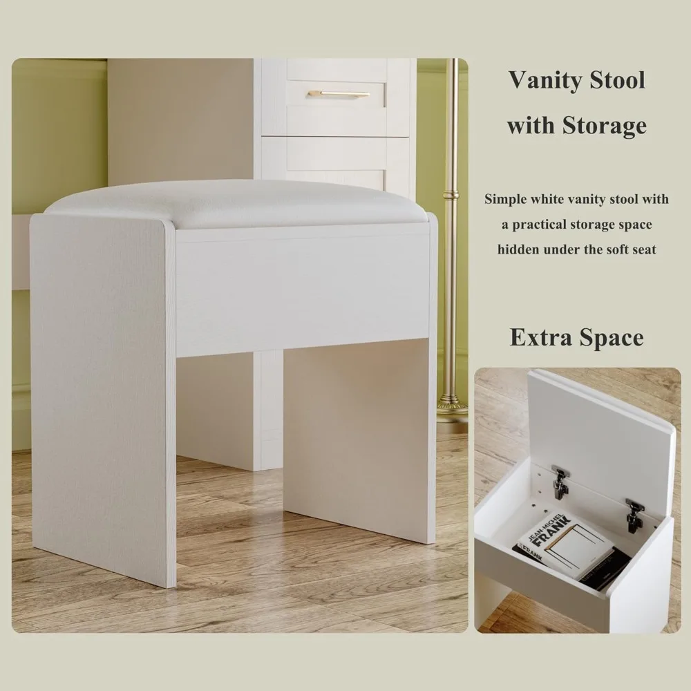 مكتب فانيتي مع مرآة وأضواء، مكتب زينة للمكياج مع مخرج طاقة، 3 ألوان إضاءة سطوع قابل للتعديل، زينة بيضاء #5