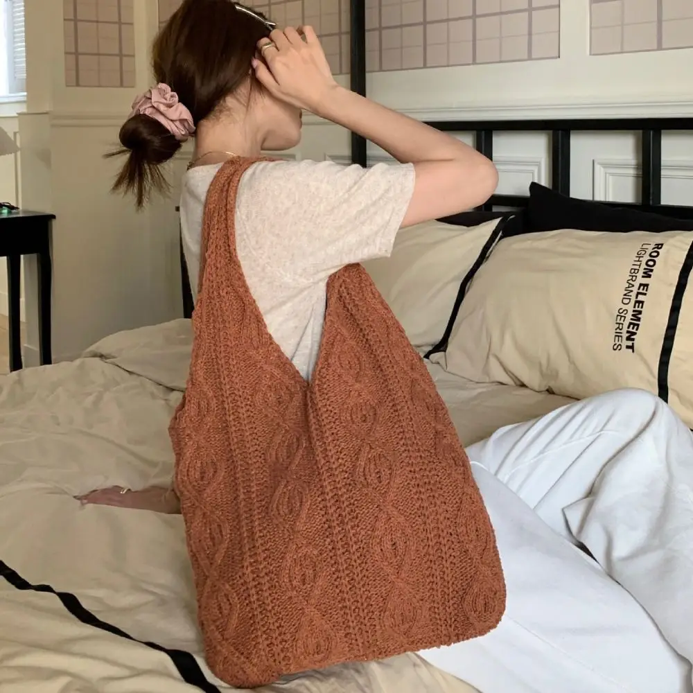 Hollow Women Shoulder Bags Retro Woven Solid Color Crochet Bag Large Capacity Shopping Tote Women Shoulder Bags