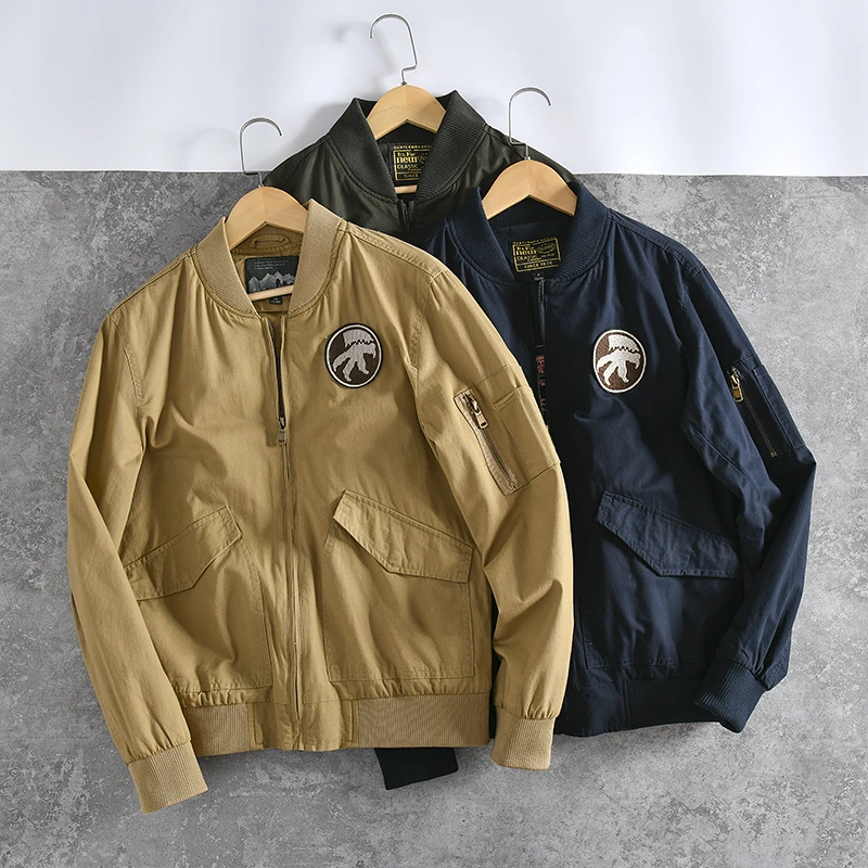 

Classic Loose Fit Casual Pilot Jacket Thin Autumn Cotton 100% Baseball Collar Outerwear for Men Standard Style Long Sleeve
