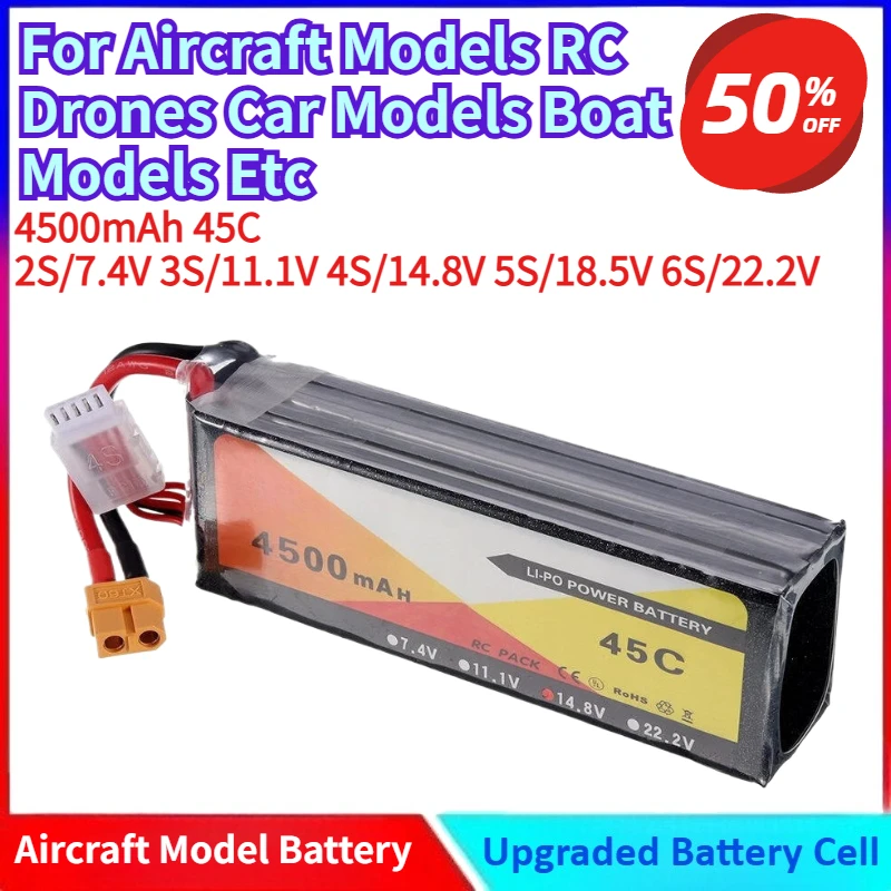 

New 4500mAh 11.1V/4S-22.2V/6S 45C Universal Lithium Polymer Battery for Aircraft Models RC Drones Car Models Boat Models Etc