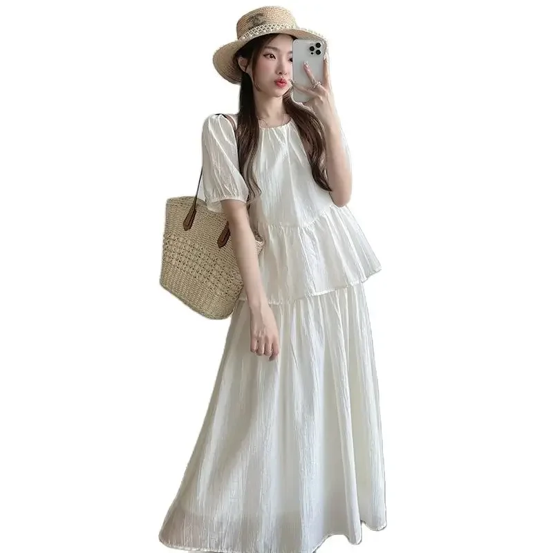 Korean Style Fashionable Loose Summer Maternity Dress Puff Sleeve O-Neck Ruffles Patchwork Pregnant Woman Faux Two Pieces Dress