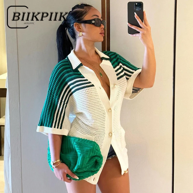 BIIKPIIK Fashion Striped Patchwork Long Tee Button Sexy Female Dresses Turn Down Collar Body-shape Knit Streetwear Slim Outfits