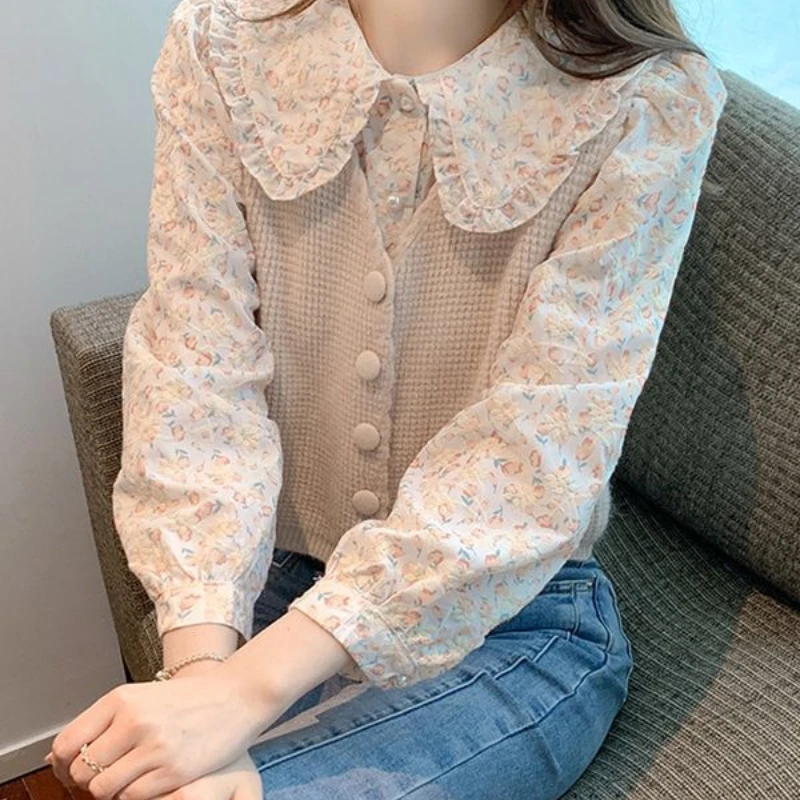 Sweet Preppy Style Autumn New Sweaters Women Peter Pan Collar Floral Shirt Button Casual Sleeveless Knitted Vest Two Piece Set