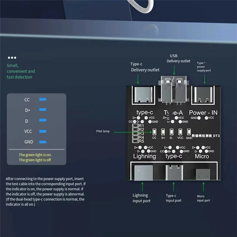 A7THK-DT3 ข้อมูลการตรวจจับสายเคเบิล USB เครื่องทดสอบสายเคเบิลสําหรับ IOS Android Type-C Micro-Type Short Circuit Switch Test Board