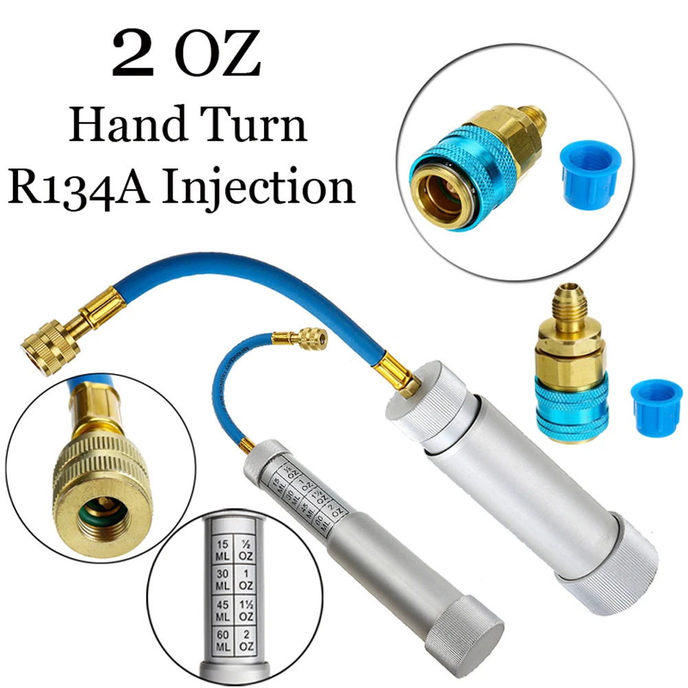 R134A Liquid Fuel Injector 2Oz Oil/Dye Syringe Car Air Conditioner Refill Dye/Oil Injector 1/4 Inch Sae Refrigerant Fluid Filler