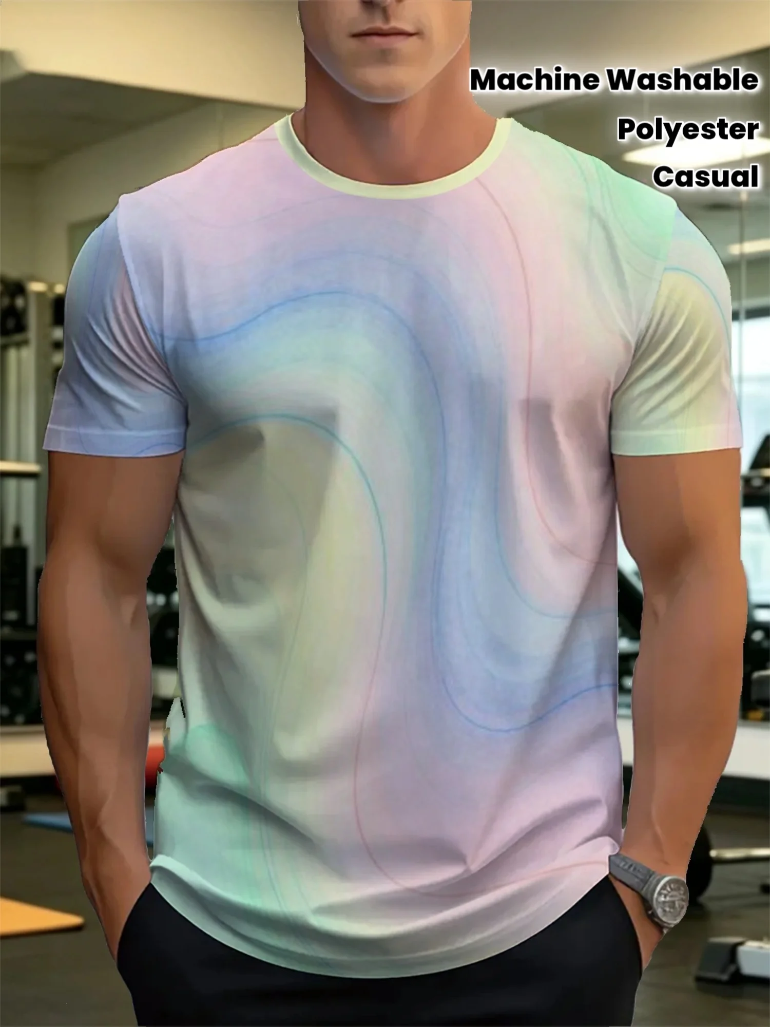 Men Gradient Rainbow Wave Print T-shirt O-neck Short Sleeve Polyester Casual Daily Workout Tops