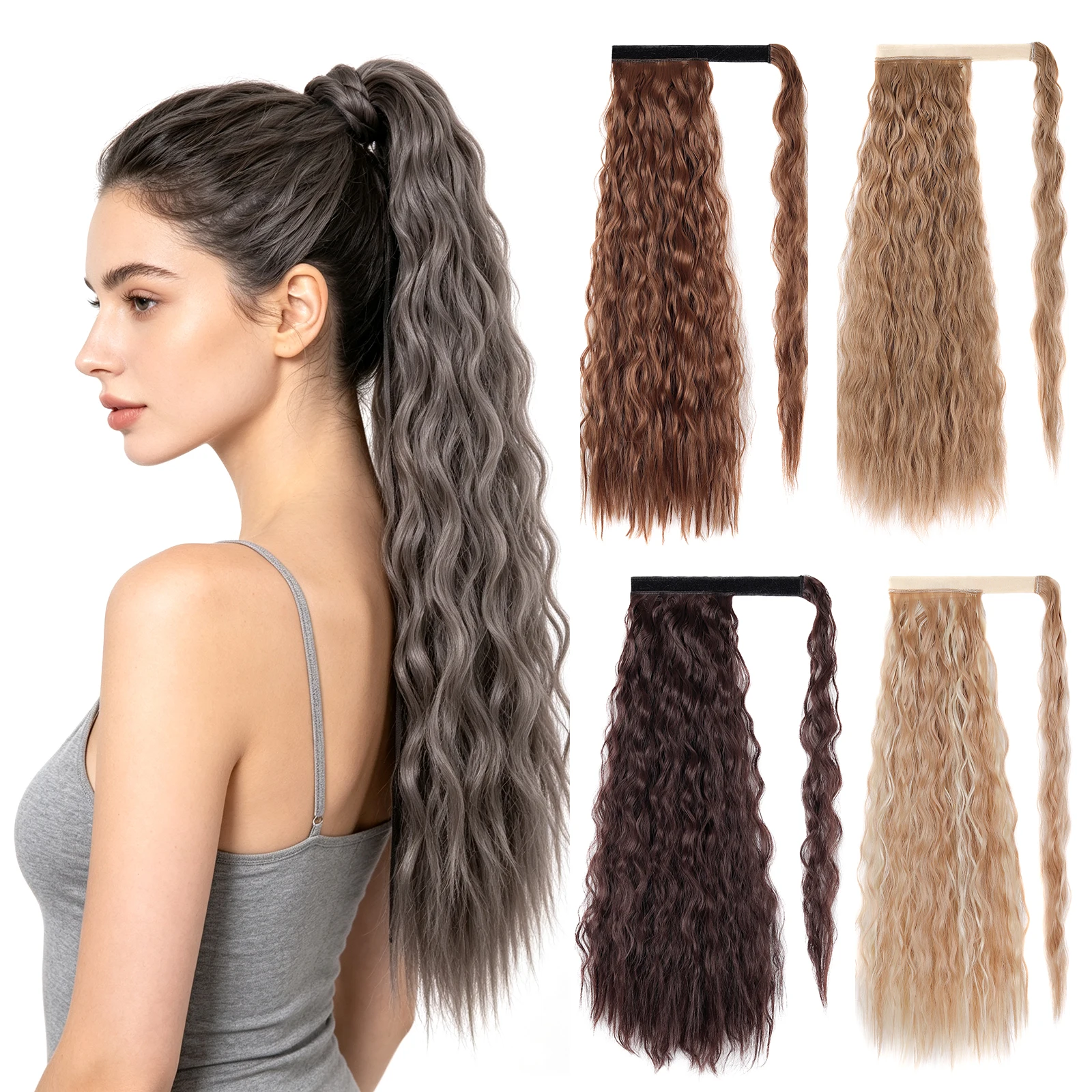 Curly Ponytail Extension With Wrap Around Magic Tape 22 Inch 55cm Corn Wave Long Synthetic Ponytails Hairpiece
