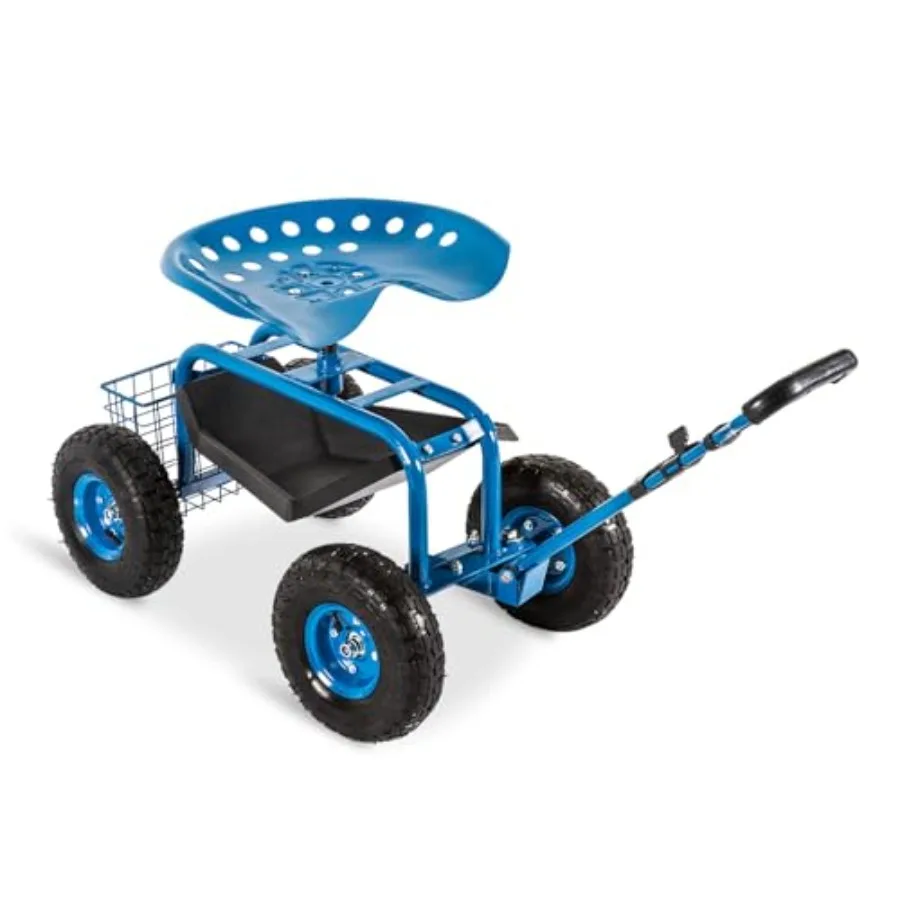 

Gardening Workseat - Rolling Garden Cart Work Seat w/360 Swivel Adjustable Seat, Storage Basket, Steering Handle, 4 Wheels, Gar