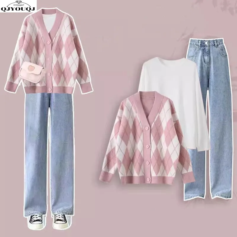 

Autumn and Winter Fashion Set Women's Korean College Style Pattern Cardigan Sweater+T-shirt+Jeans 3-Piece Set