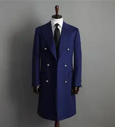 One Piece Woolen Blazer Long Coat Men Suits Double Bteasted Buttons Peaked Lapel Winter Warm Overcoat Groom Plus Size Tailored