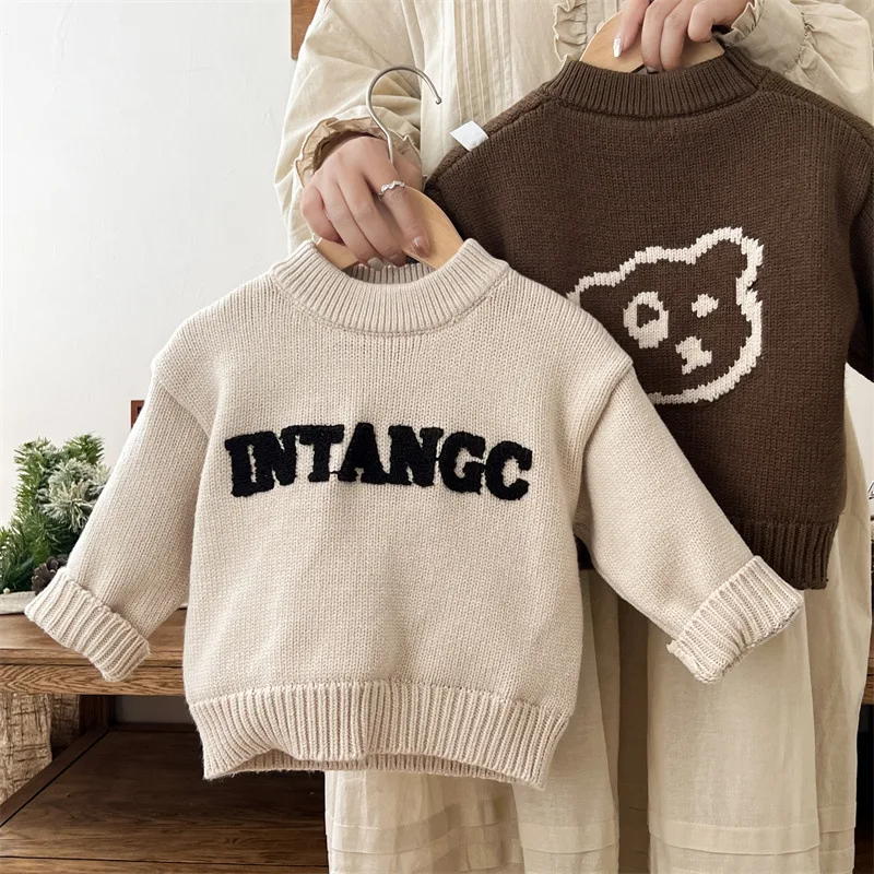 Autumn Winter Toddler Baby Girls Sweater Knitted Thicken Letter Embroidery Kid Girls Pullover Solid Round Collar 1-6Y Girls Tops