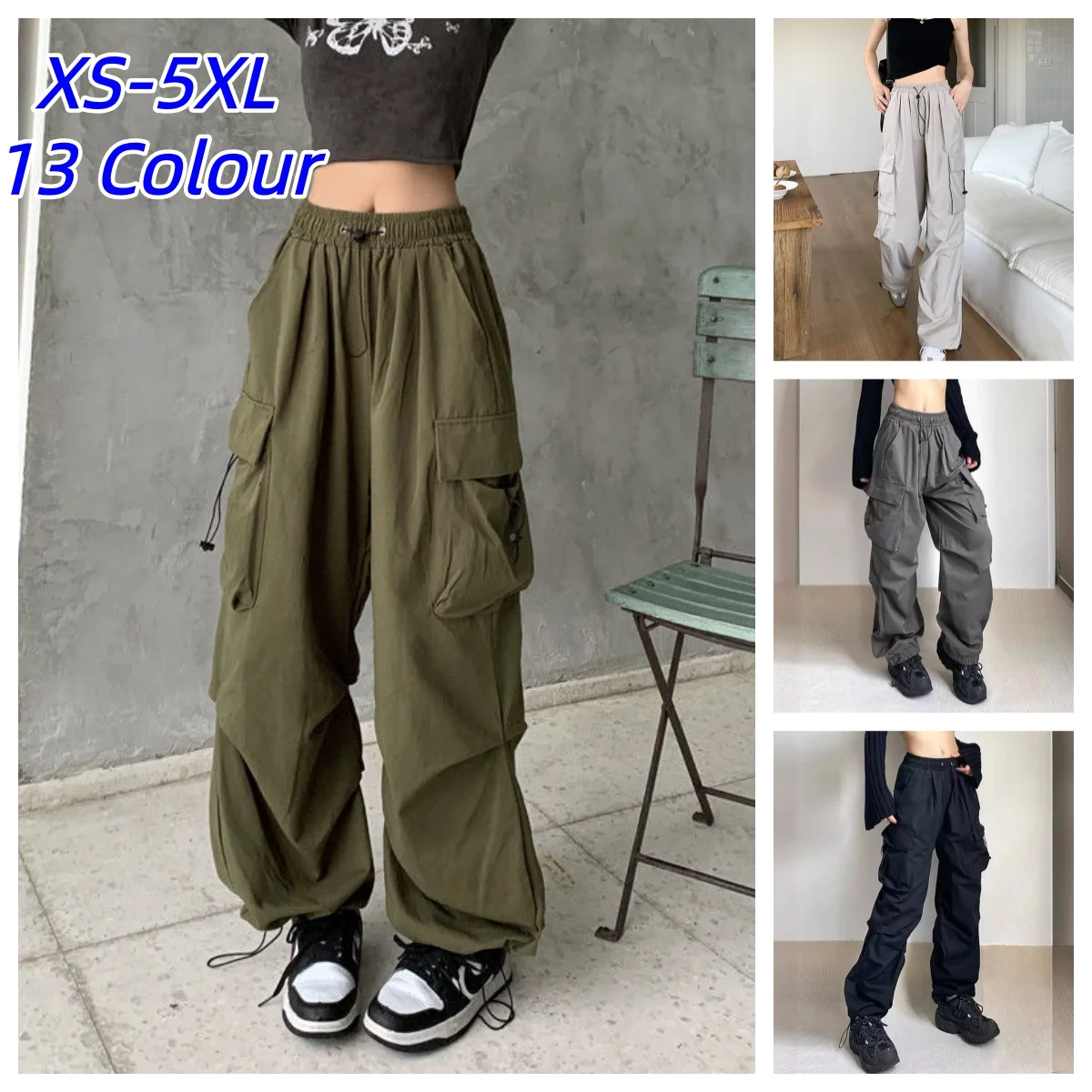 Retro Vintage High Street Baggy Pants Fashion Women Oversized Drawstring Pocket New Pant Casual Streetwear Loose Jogger Trousers