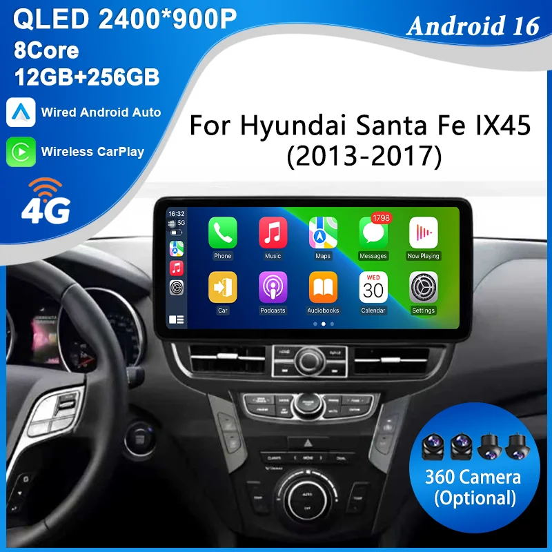 

for Hyundai Santa Fe IX45 2013-2017 12.3" Android 16 Multimedia Unit QLED Screen GPS BT 4G Wifi DSP Support CarPlay Android Auto