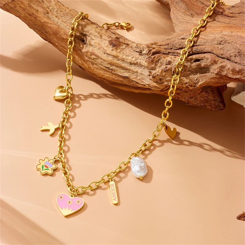 LAMENGLY 316l Stainless Steel Heart Flower Pendant Necklace For Women Trendy Romantic Girl Clavicle Chain Valentine\'s Day Gifts