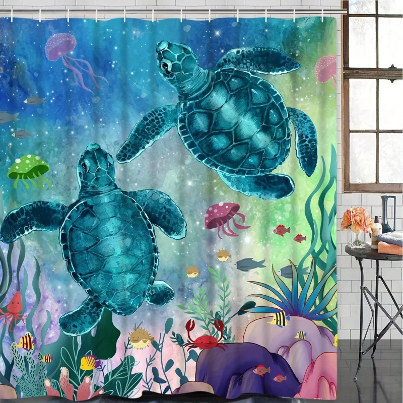 1pc Sea Turtle Curtain With Hooks, Ocean Creature Landscape Shower Curtains, Underwater Fish Seaweed Jellyfish Coral Anim