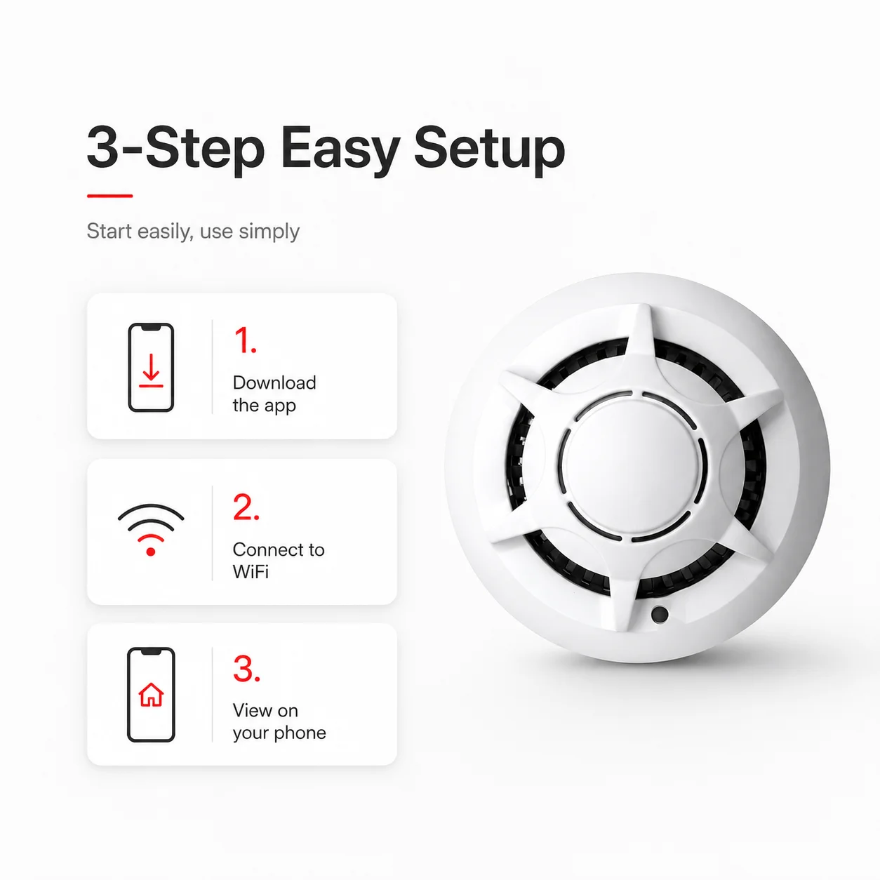 LOOKCAM Multi-Functional Intelligent Smoke Sensor Alarm, WiFi Control, USB Power Supply, Ceiling Security Protection,