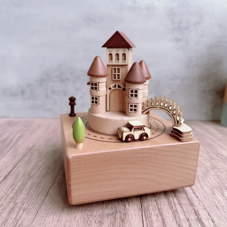 

Fairy Tale Castle Rotating Hand Cranked Music Box Creative Gift Wooden Handicrafts Ornaments Rotating Boxes Girl Birthday Gifts
