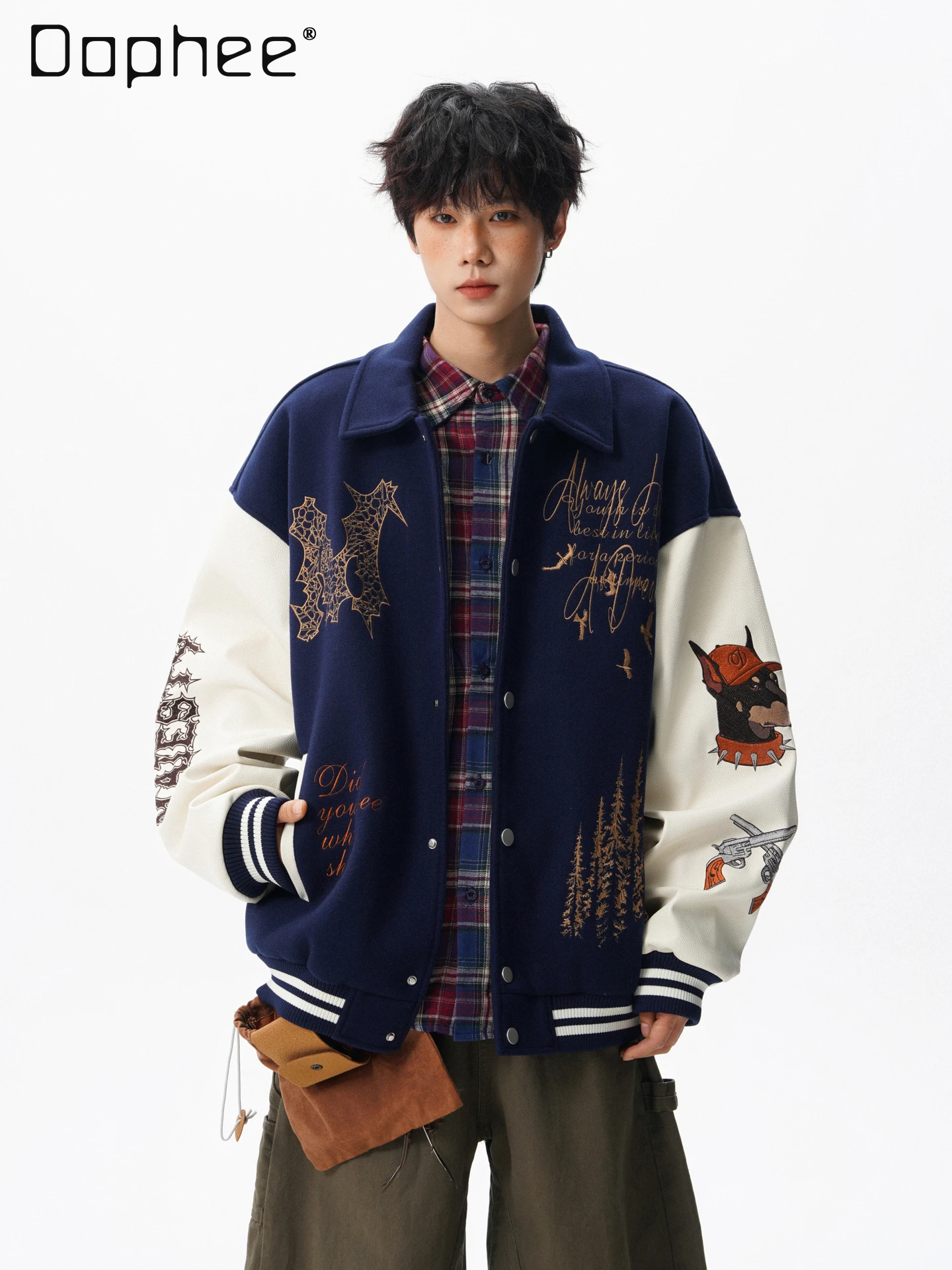 

Spring and Autumn New American Heavy Industry Men's Embroidered Dark Blue Baseball Jacket High Street Couple Green Red Acket