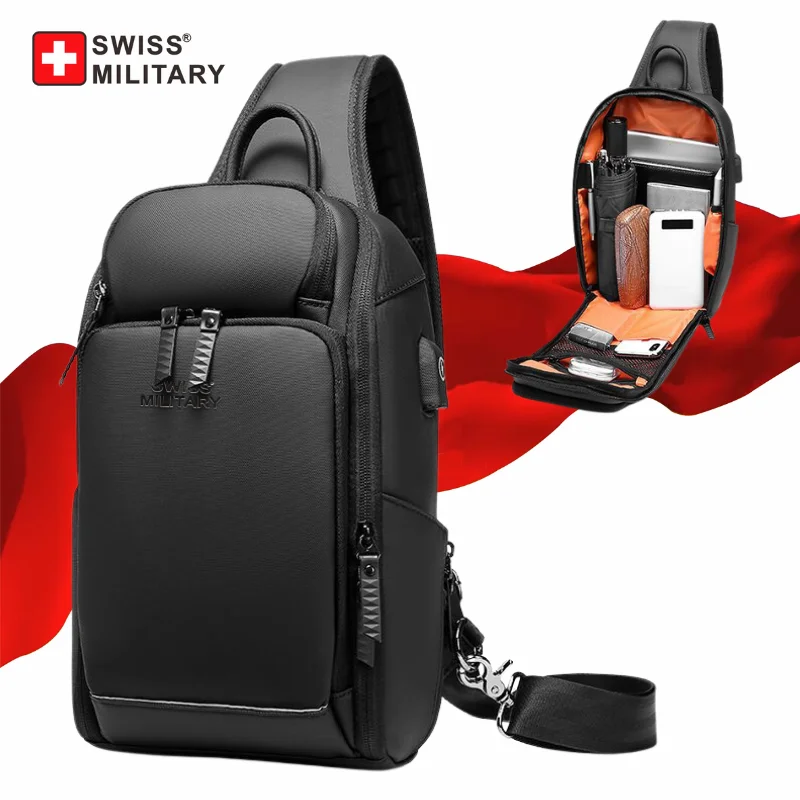 Szwajcarska męska modna torba na klatkę piersiowa wielofunkcyjna wodoodporna torba na ramię sportowa torba Crossbody nylonowe torebki torba z portem Usb pakiet zawiesi