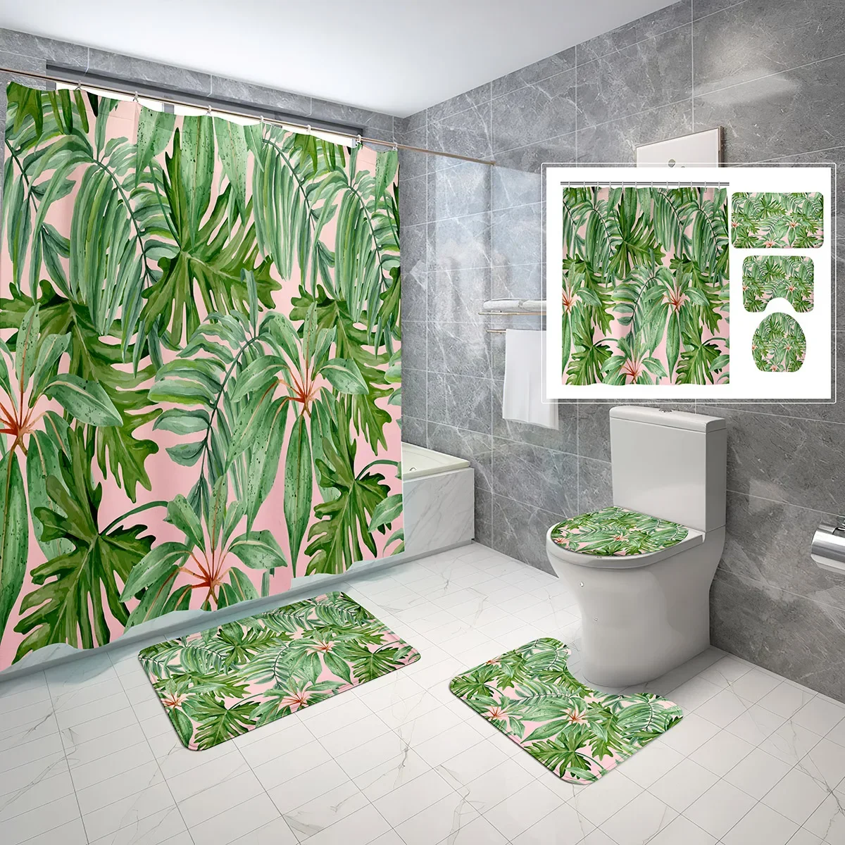 

4 Piece Tropical Palm Leaf Shower Curtain Sets Green Plant with Non-Slip Rugs Toilet Lid Cover and Waterproof Shower Curtain Set