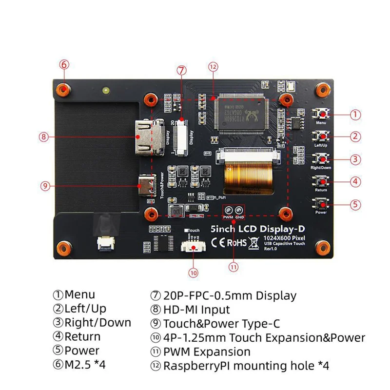 A97I-5Inch 1024X600 Inner -Compatible IPS LCD Module Monitor Display Screen With Capacitive Touch Panel For Raspberry Pi