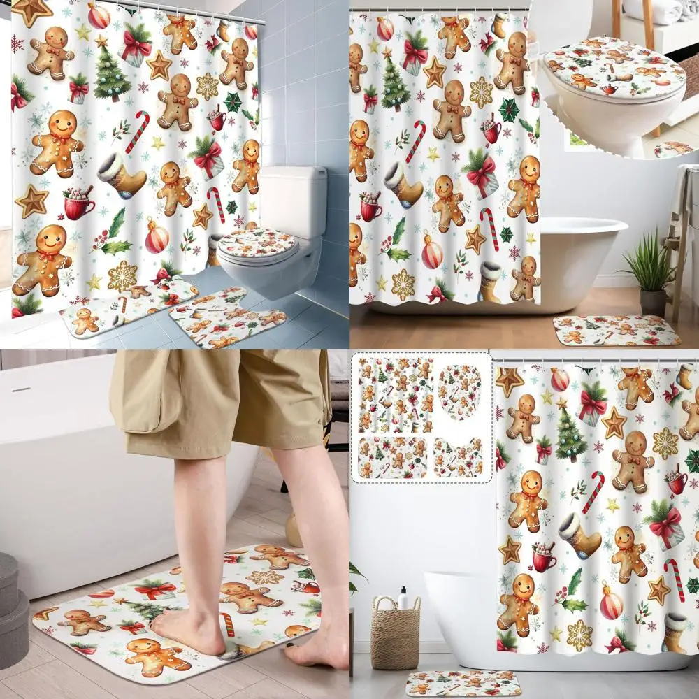 

Farmhouse Gingerbread Shower Curtain Set - 70.8 x 70.8 Waterproof, 12 Hooks, Rug & Lid Cover
