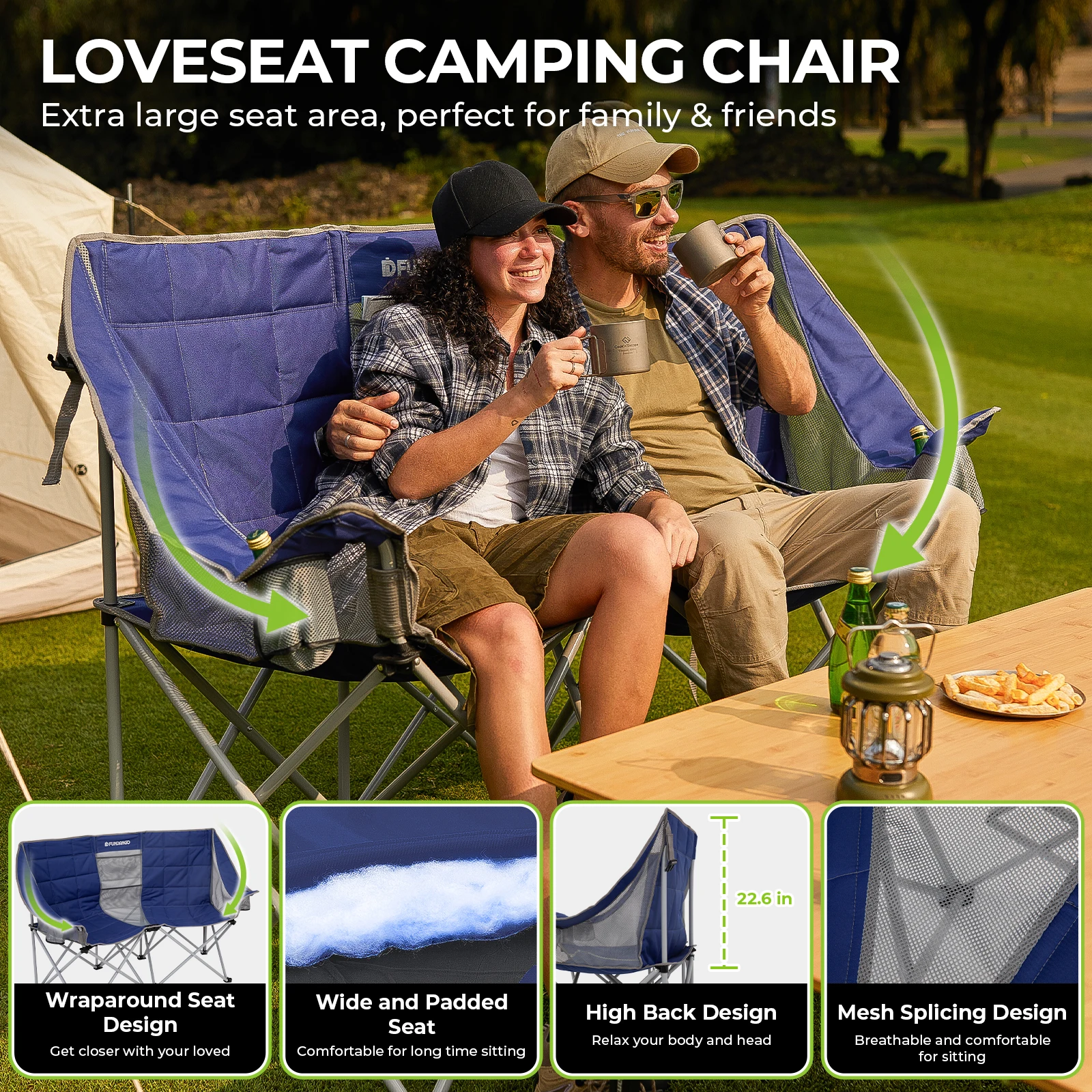 FUNDANGO Oversized double camping chair armchair, beach lawn outdoor patio, padded armrests, storage structure