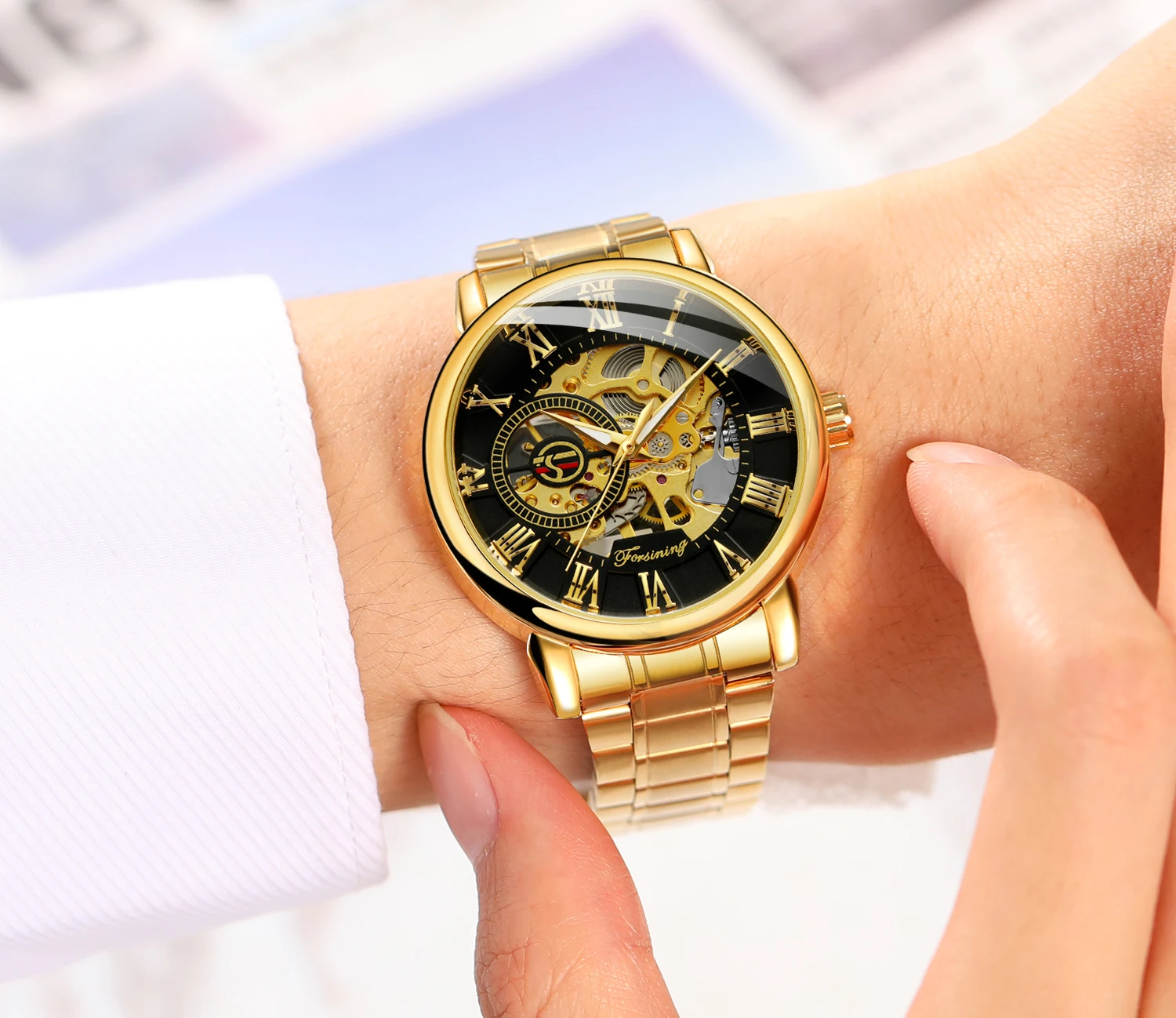FORSINING الكلاسيكية الذهبي الجوف الرجال ساعات المعصم ساعة ميكانيكية الفولاذ المقاوم للصدأ الأرقام الرومانية مؤشرات مضيئة الهيكل العظمي على مدار الساعة