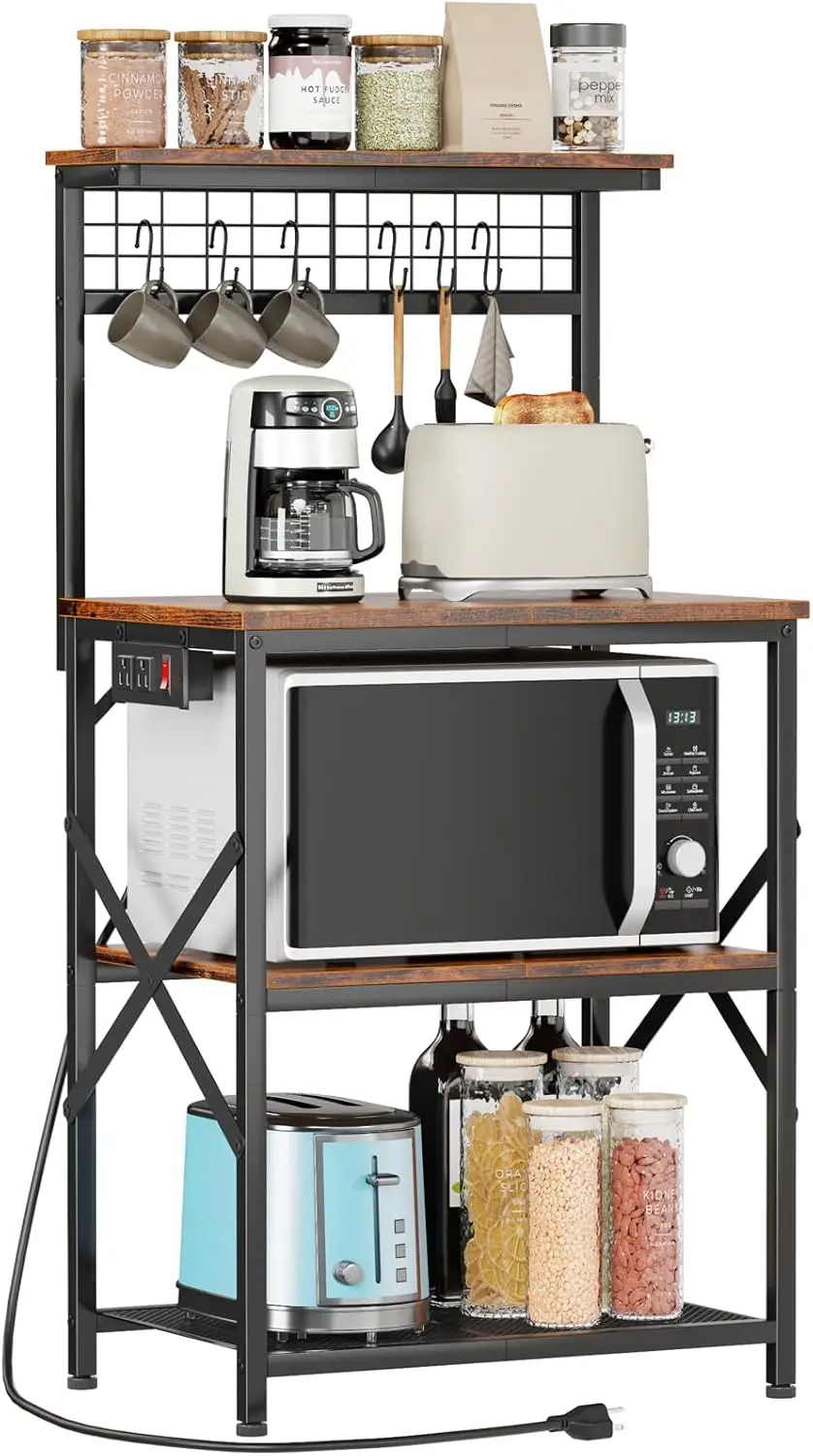 

4-Tier Kitchen Bakers Rack with Power Outlet, Microwave Stand, Coffee Bar Table & Storage Shelf in Rustic Brown