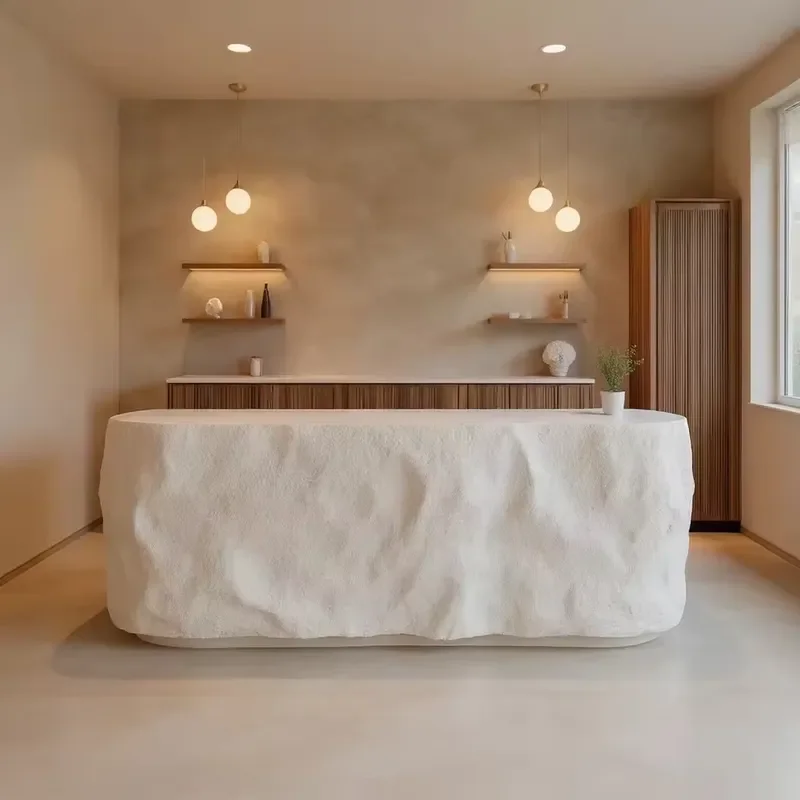 Modern White Curved Reception Desk with LED Light Hand Customized for Hotel Lobby