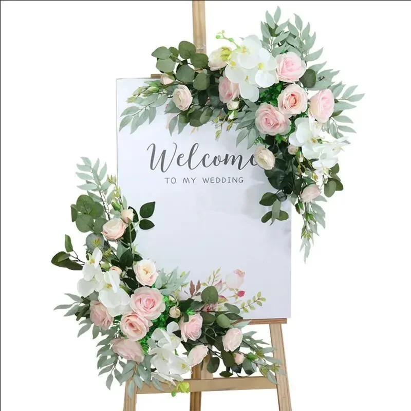 

2pcs Artificial Flowers Wedding Backdrop Wreath Decor Welcome Card Sign Corner Wall Props Arrange Arch Fake Flower Row