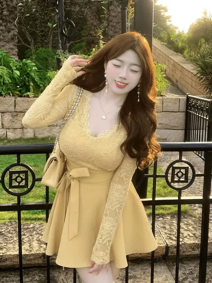 

Женская осенне-зимняя юбка больших размеров с V-образным вырезом, кружевом и завышенной талией, в корейском стиле, из мягкой ткани, А-силуэт, для повседневной носки