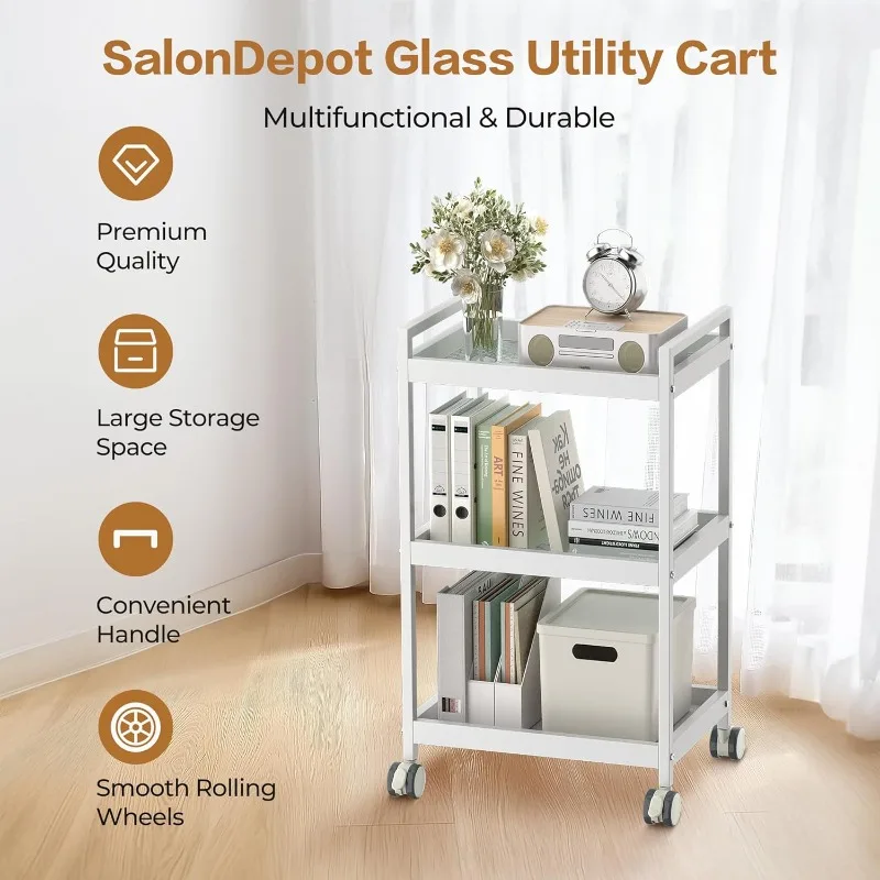 Glass Rolling Cart with 3-Tier Storage Design Shelves, Rolling Serving Cart on Wheels for Dining Room, and Salon