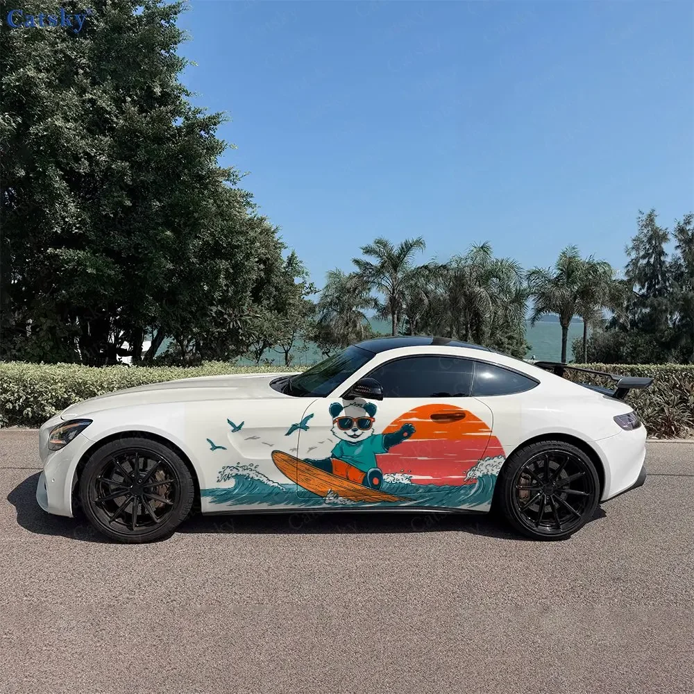 2pcs Surfing Panda Stickers Car Body Door Side Two Fashionable Stickers Two Decorations Car Vinyl Wraps