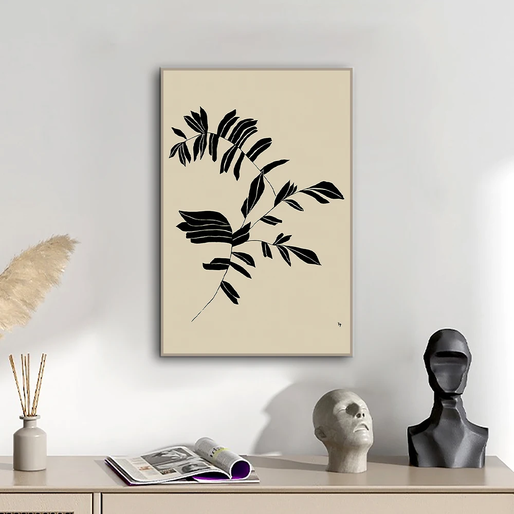 Mid Century Minimalist Beige Black Abstract Plant Botanical Flower Poster Print Canvas Painting Wall Picture for Room Home Decor