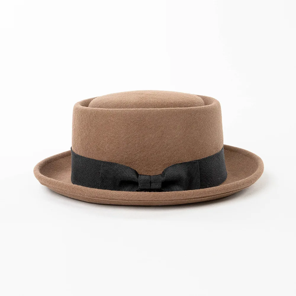 

Fashion Casual British Style Bowknot Round Top Flat Brim Wool Fedora Outdoor Warm Styling Felt Hat