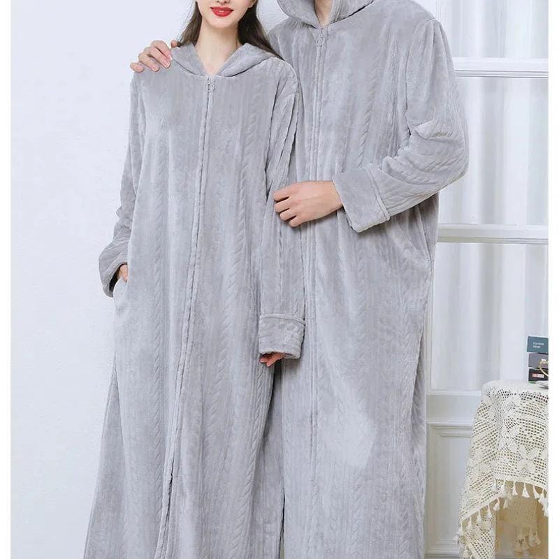 Women\'s Winter Flannel Nightgown Thickened Coral Fleece Long Sleeved Plus Size Hooded Zipper Nightgown Home Wear