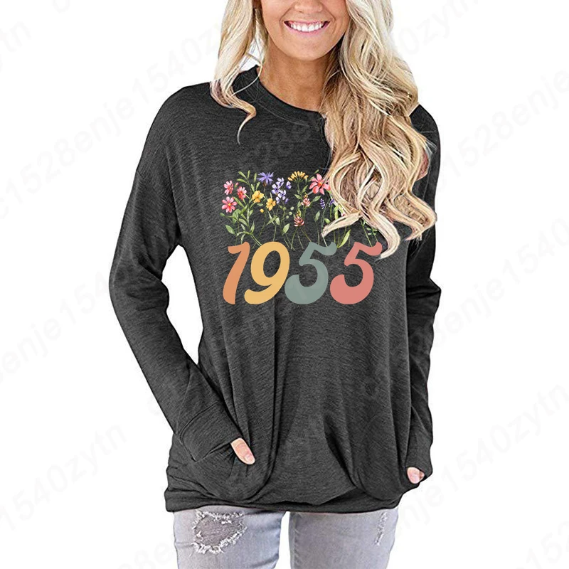 

Flower 1955 Graphic Pocket Long Sleeve T-shirts For Women Casual Loose Sweatshirts Fit Tunic Tops Comfy & Fashion Pullover S-XXL