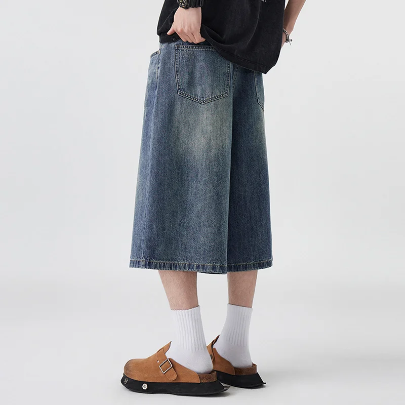 

Мужские джинсовые шорты 2026 года без эластана, свободного кроя, с широкими штанинами, универсальные, в простом стиле, повседневные