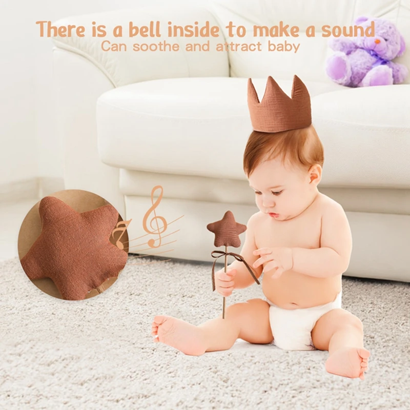 1Set Baby Wooden Star Magic Wand Rattle Hat Crown Toy Newborn Birthday Party Fotografia Props Acessórios para Childern Gift