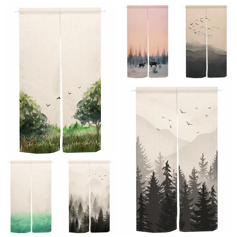 Mist Forest Mountain Door Curtain Kitchen Birds Landscape Art Dining Room Partition Curtain Drape Entrance Hanging Half-Curtain