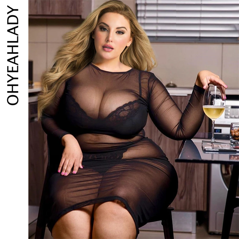 Ohyeahlady Women Sexy Mesh Long Sleeve Black Nightgowns Mini Dress Plus Size Black Sleepwear See Through Curve Babydoll Lingerie