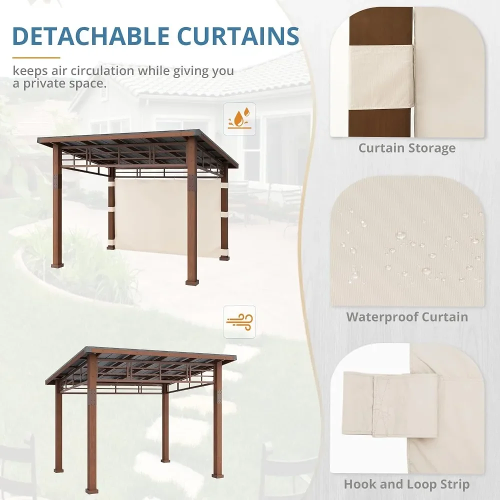 Hardtop Gazebo, Outdoor Pergola Metal Roof Gazebo with Wooden Frame, Patio Gazebo Canopy with Curtains 10x12