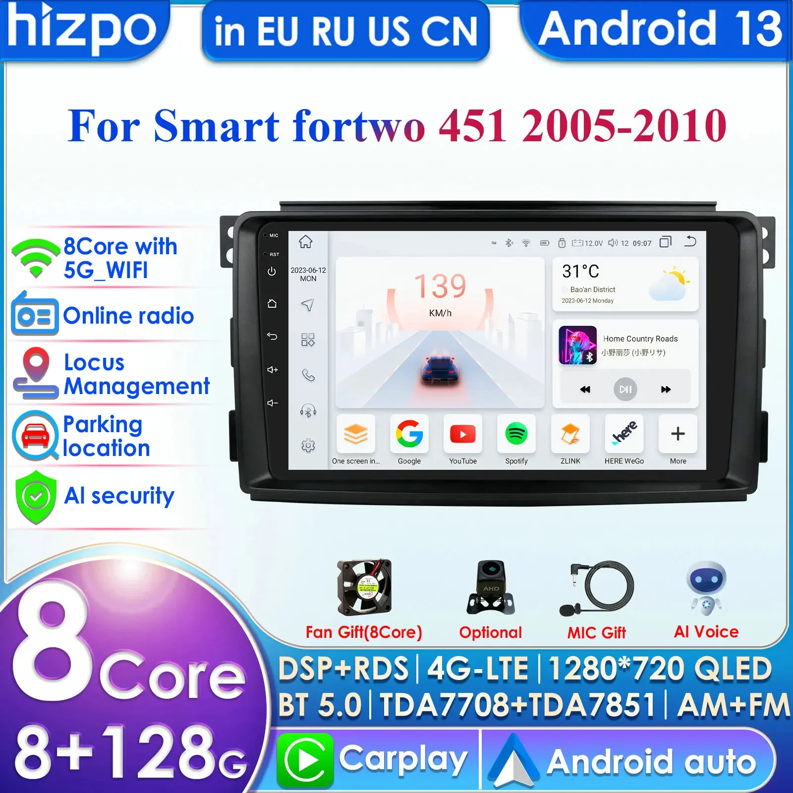 

Hizpo Carplay 4G 360 камера 7862 Android 13 автомобильное радио для Smart Fortwo 451 2005-2015 мультимедийный видеоплеер GPS 2din авторадио