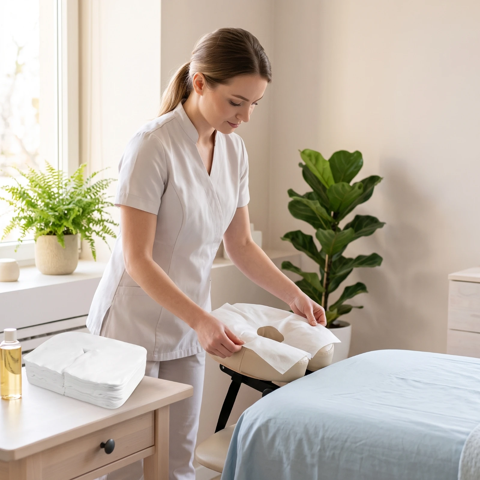 200 Pieces Face Cradle Cover Nonwoven Massage Table Cover with Face Cradle Hole Fitted Sheet Breathable Comfortable