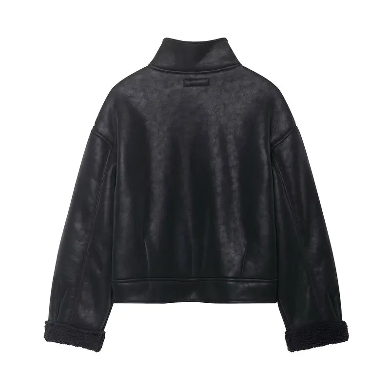 Double-Sided Faux Leather Jacket Women's Fashion Versatile Autumn New Arrival Warm Long Sleeve High Collar Button Closure Coat